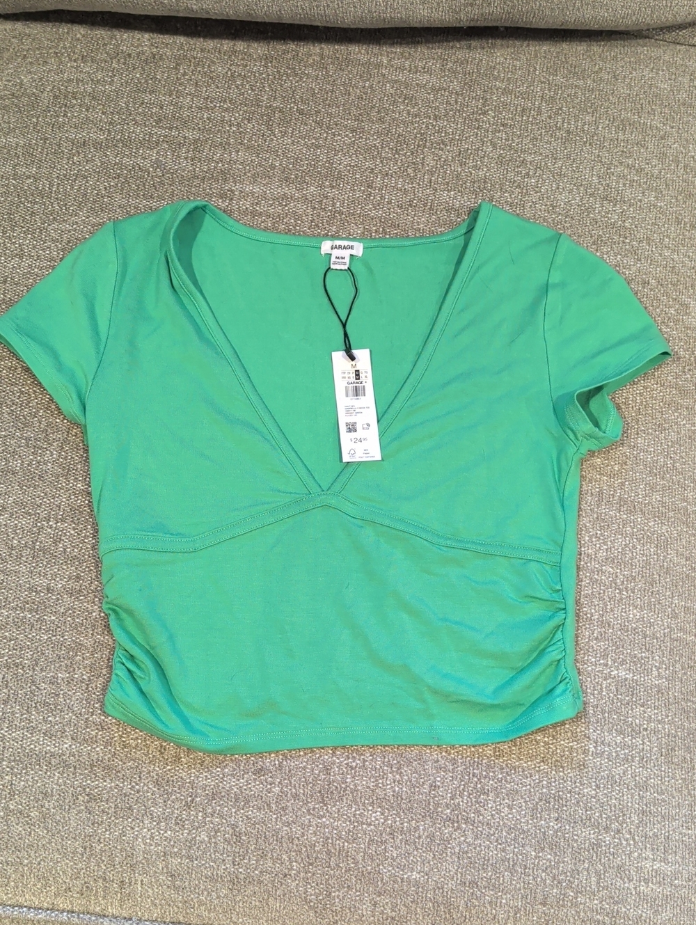 Garage Bright Green V-Neck Ruched Short Sleeve Crop Top